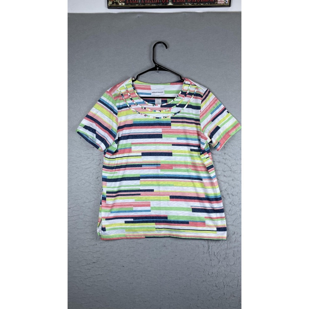 Alfred Dunner Shirt Womens Small Striped Beaded Scoop Neck Short Sleeve Top